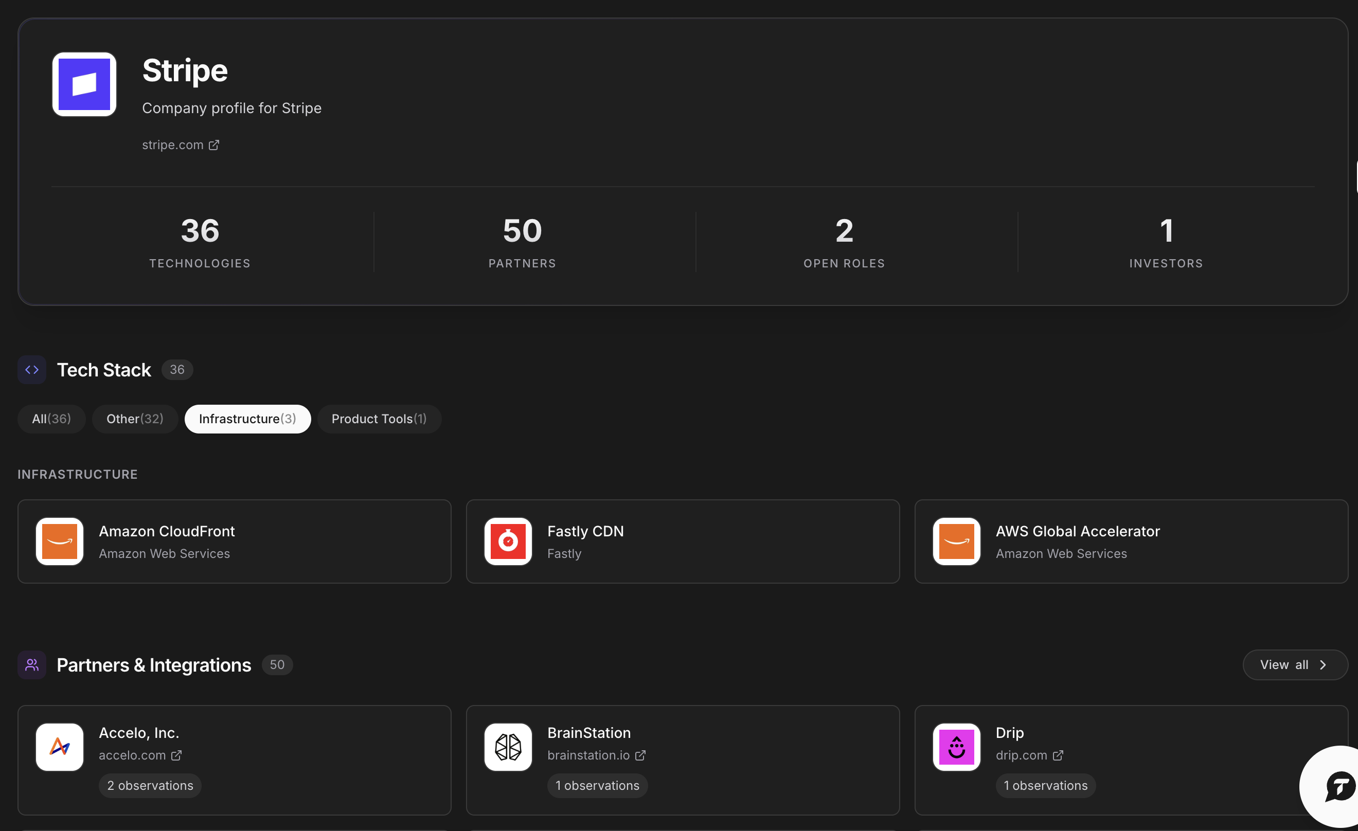 Trace web UI — Stripe company profile showing tech stack, partners, and integrations